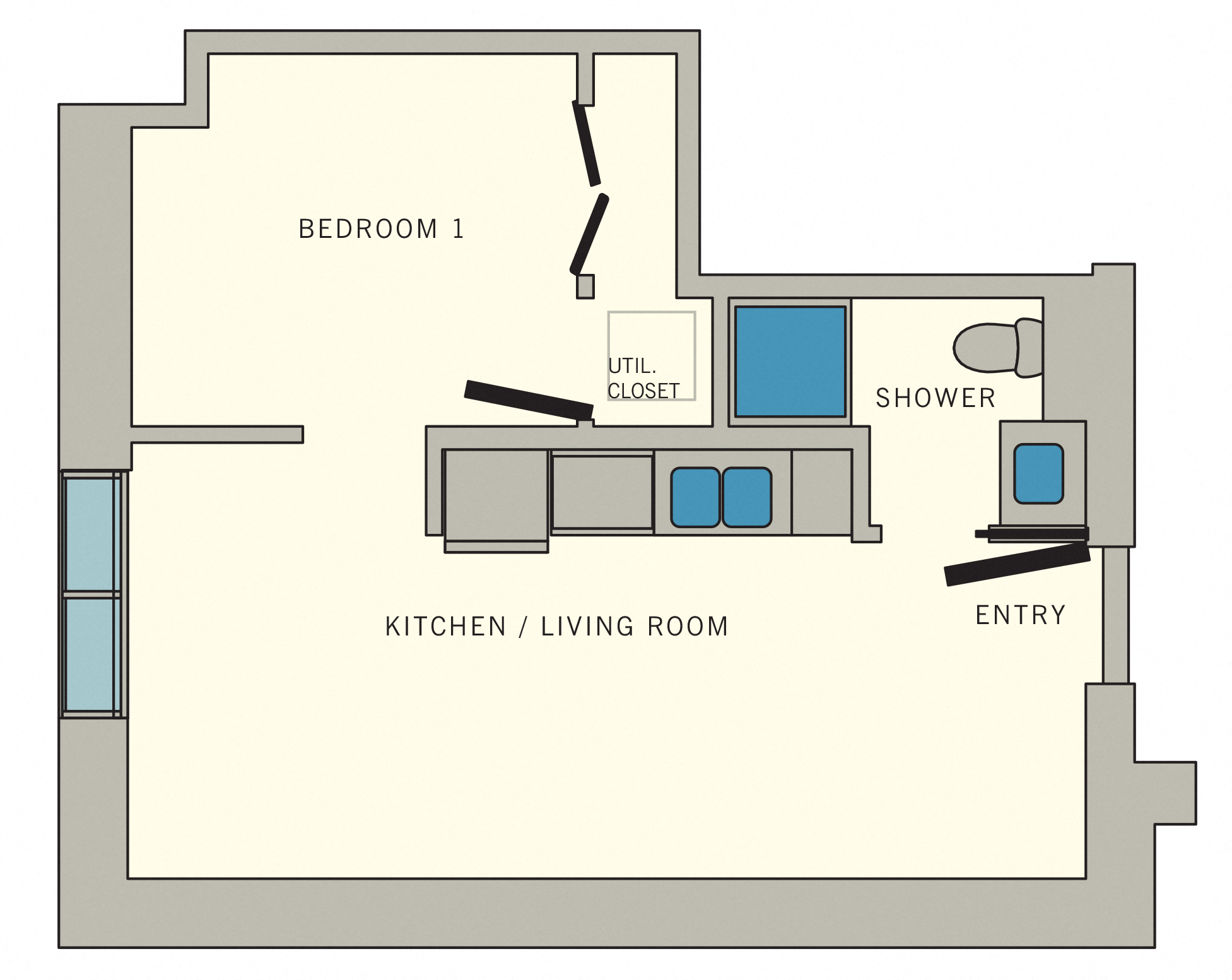 Floor plan for studio, 1 bath, 487 sqft